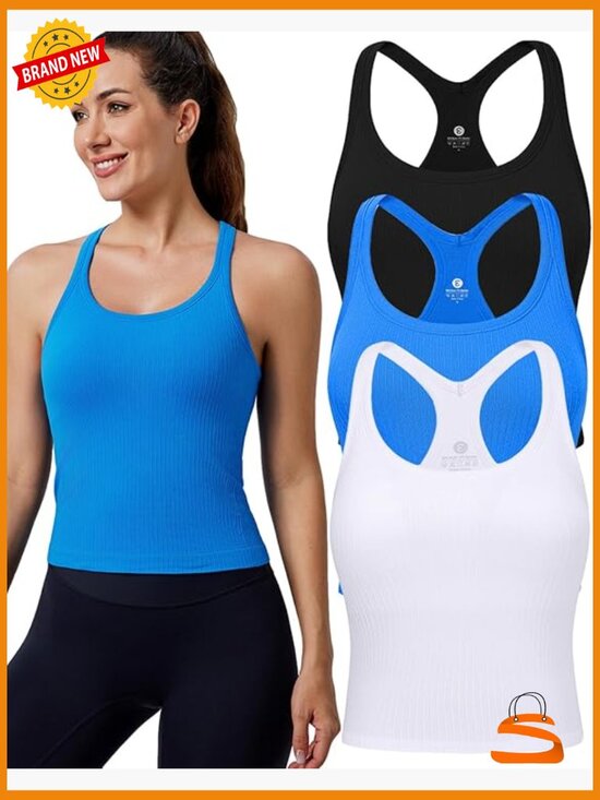 Other - Ribbed Seamless Crop Tank Top with Built-in Bra Racerback